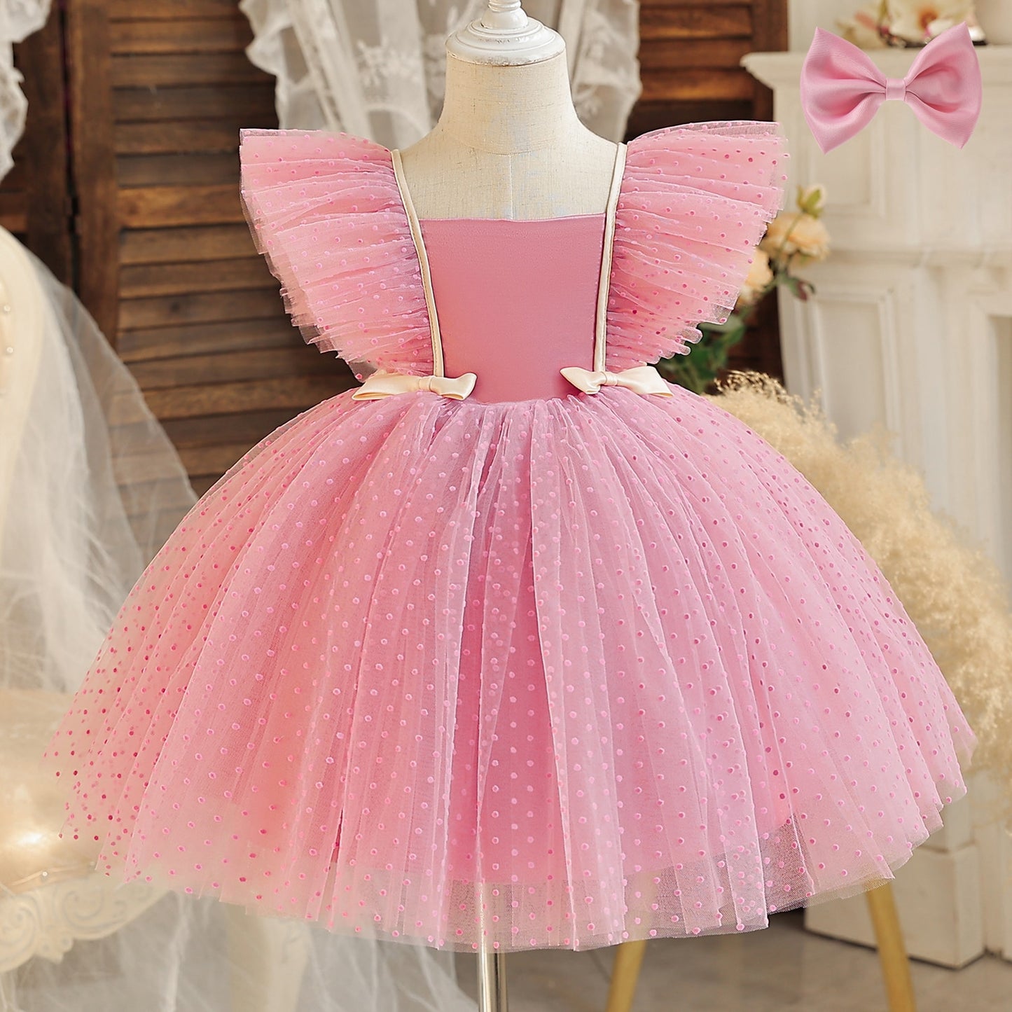 2023 Pink Elegant New Girl Princess Dresses For Kids Events Prom Costume Birthday Wedding Party Tulle Tutu Bow Girl Vestido 1-5T