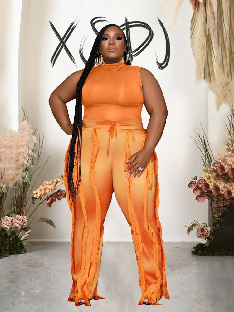 Large Size Matching Sets Ladies Sleeveless Top and Pants Tassel Womens Two Peice Sets Plus Size Summer Outfits Free Shipping