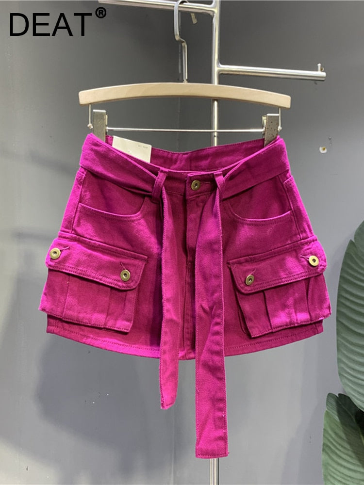 DEAT Fashion Belt Bandage Denim Mini Skirt Women Patchwork Pocket Cargo Wrap Hip Skirts Female Trend 2023 Spring New 11XX01119