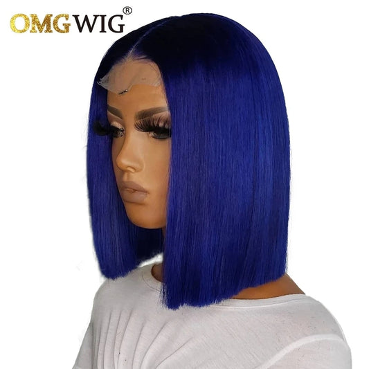 13x6 Lace Frontal Wigs Bone Straight Blue Colored Short Bob Wig Human Hair For Black Women Pre Plucked Brazilian Remy Hair