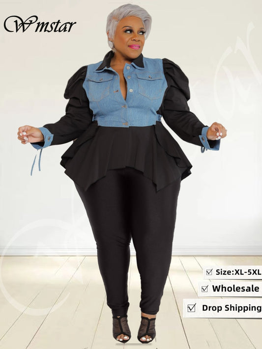 Wmstar Plus Size Two Piece Outfits Women Solid Patchwork Puff Sleeve Leggings Sets Fashion Matching suit Wholesale Dropshipping