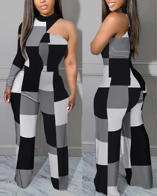 Autumn Fashion Color Contrast Print Jumpsuit Women Sexy Off Shoulder Single Sleeve Wide Leg Jumpsuit Women