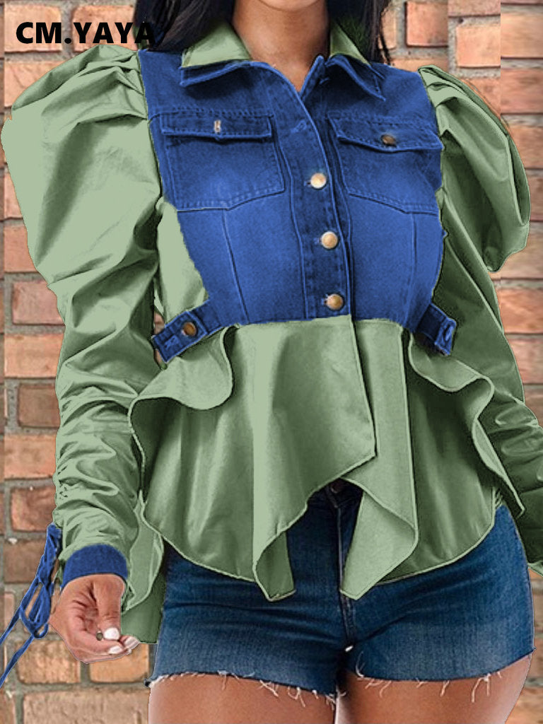 CM.YAYA Vintage Women Drawstring Ruched Up Puff Long Sleeve Single Breasted Turn-down Collar Denim Shirt Blouse Coat