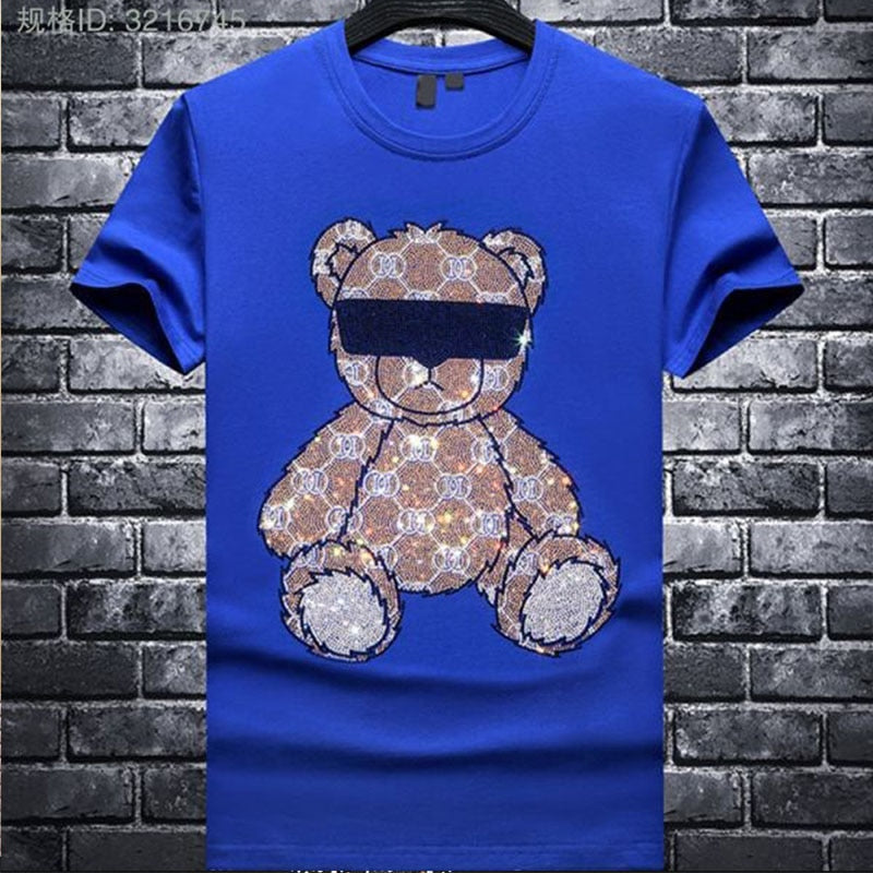 Hot Diamond T-Shirt Glasses Bear Tide Brand Male Short Sleeved Tees New Style Casual Young Streetwear Cotton Top Men's Clothing