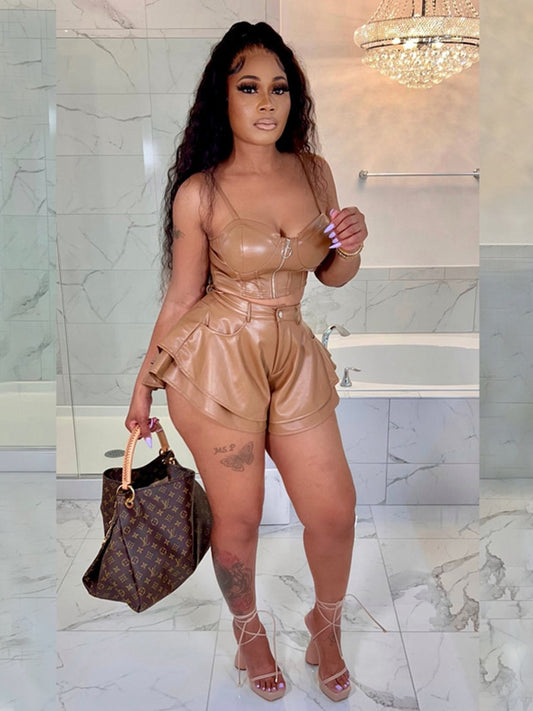 2 Piece Sets Womens Outfits Clubwear Leather Crop Top and Shorts Sets Summer Pu Sexy Outfits Wholesale Bulk Dropshipping