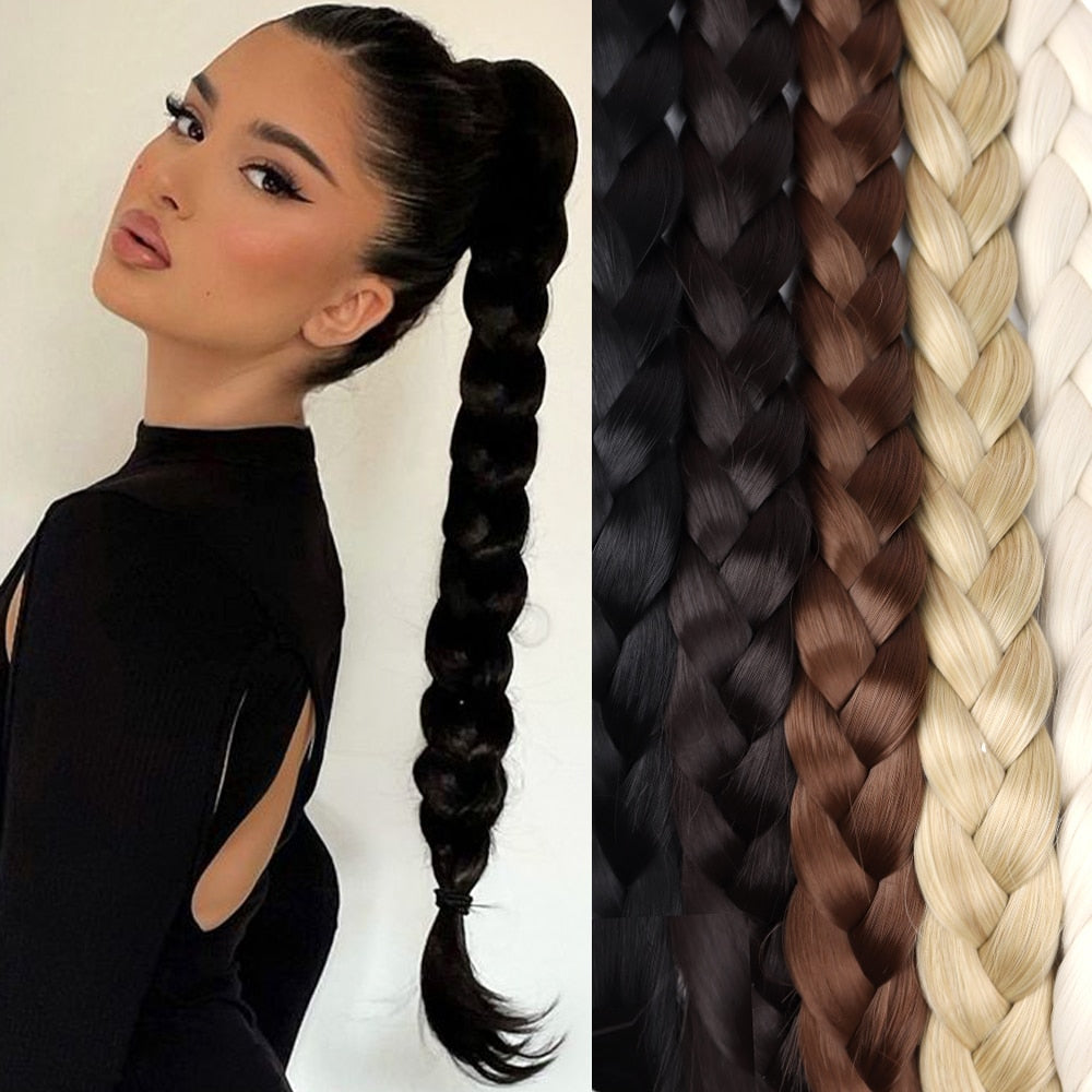 34inches Synthetic Long Braided Ponytail Hair Extensions for Women Black Brown Pony Tail with Hair Rope High Temperature Fiber