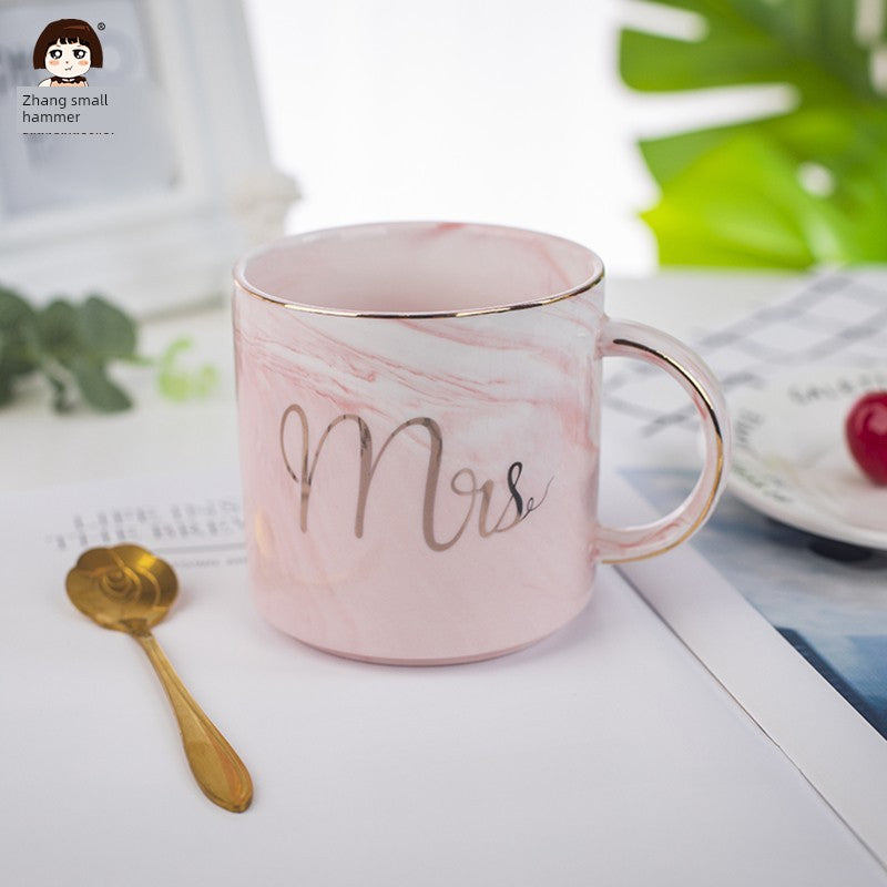 Large Capacity Mug Ceramic Cup Creative Marble Pattern Couple's Cups Romantic Birthday Gift Free Spoon
