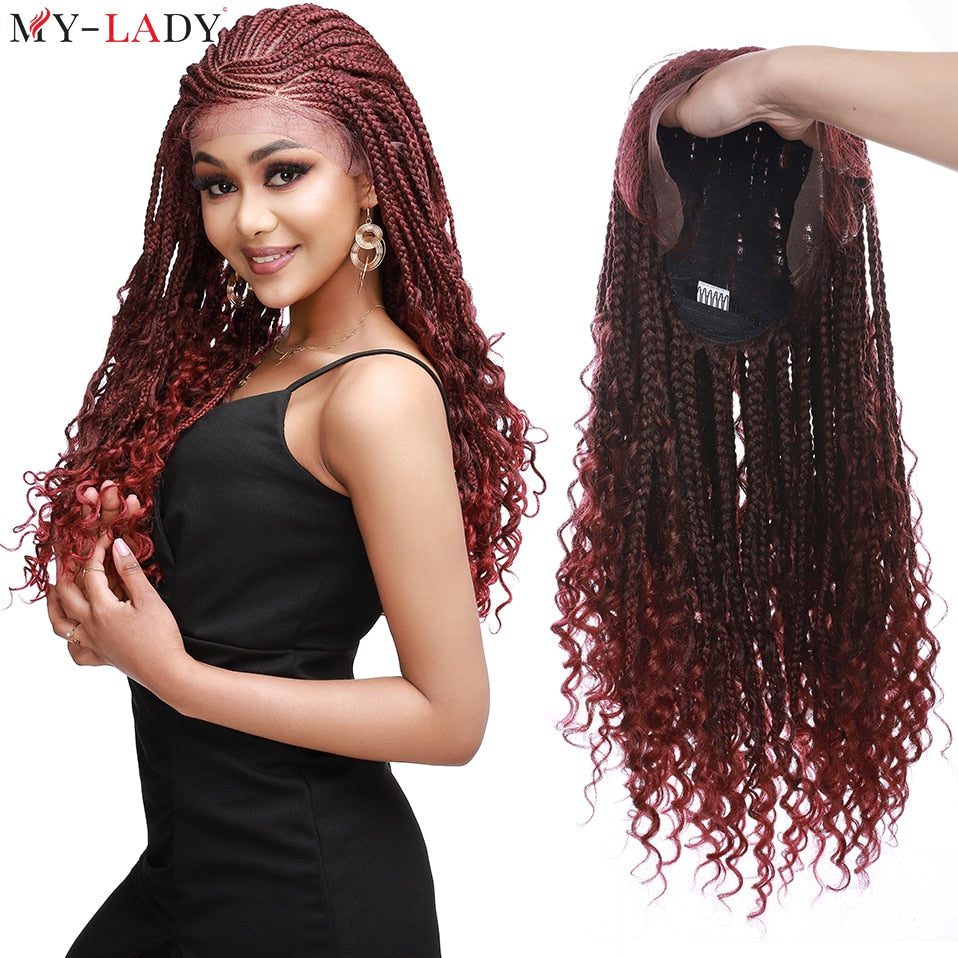 My-Lady Synthetic 26'' Cornrow Braids Lace Wigs Curly Ends Box Braided Lace Front Wig Baby Hair Frontal Afro Wig Black Women