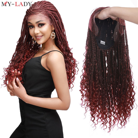 My-Lady Synthetic 26'' Cornrow Braids Lace Wigs Curly Ends Box Braided Lace Front Wig Baby Hair Frontal Afro Wig Black Women