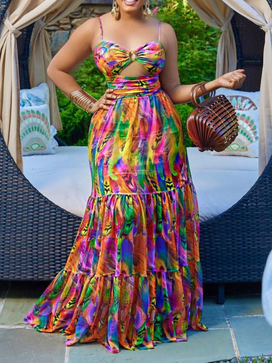 Elegant Sling Plus Size Dress Sexy Printing Fashion Backless Boho Beach Mixi Dress Robe Femme Ete Leisure Vacation Vestidos