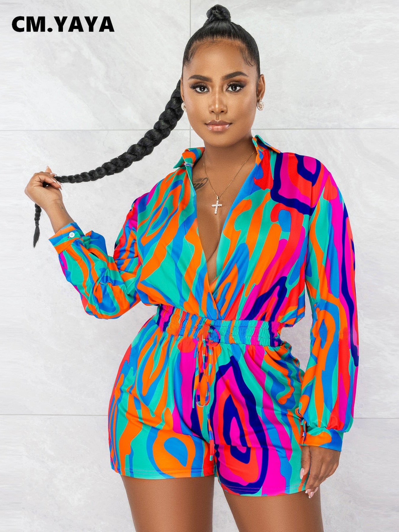 CM.YAYA Chic Women Tie Dye Black Hole Wrap Lapel Collar Long Sleeve Shirt Style Romper 2023 Spring INS One Piece Suit Playsuit