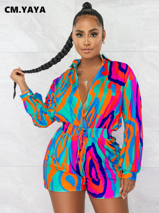 CM.YAYA Chic Women Tie Dye Black Hole Wrap Lapel Collar Long Sleeve Shirt Style Romper 2023 Spring INS One Piece Suit Playsuit