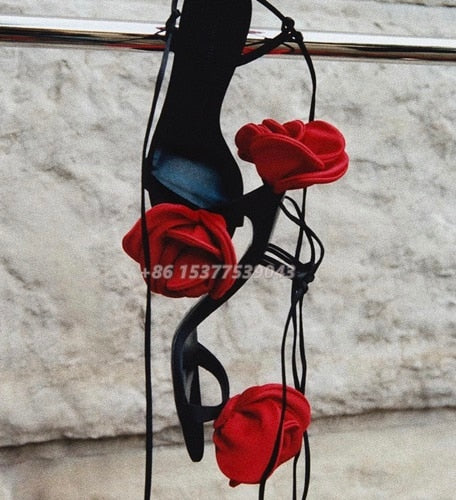 Rose Flowers-Embellished Rhinestone Single Straps Ankle Straps Lace Up Stlietto Sandals Hollow Sexy Dress Party High Heels Shoes