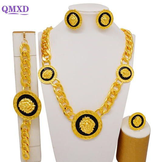 Dubai African Gold Color Jewelry Set For Women Wedding Bridal Long Necklace Ethiopia Necklace Earrings Bracelet Ring Jewellery