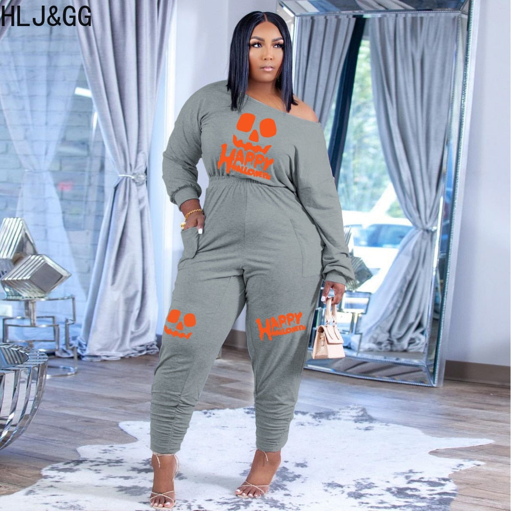 HLJ&amp;GG Casual Women Letter Print Jumpsuits Fall Winter Off Shoulder with Pocket One Piece Playsuits Female Clothing Dropshipping