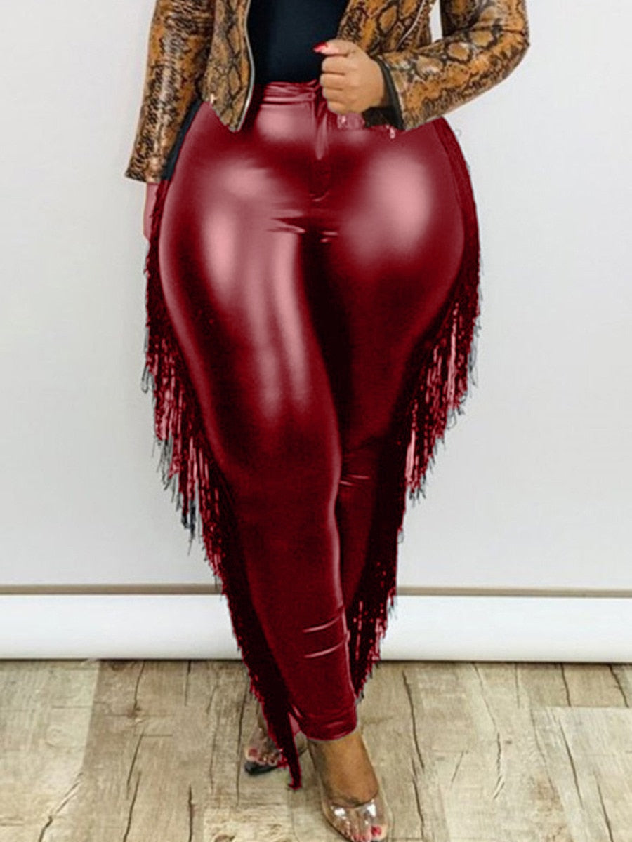Plus Size Women Pants PU Leather Fringed Trousers 2022 Fall Female Elegant Pants Lady Casual Designer Tassel Trousers Wholesale