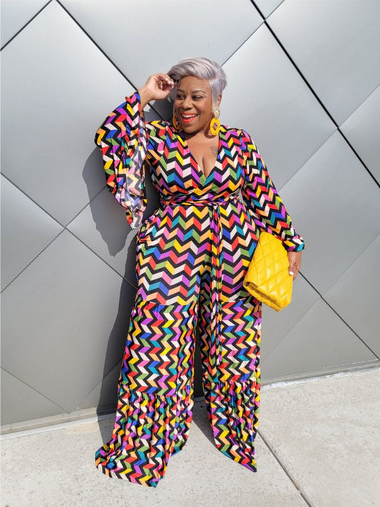 Plus Size Women Jumpsuit Tie Dye Print One Piece Outfit 2023 Spring Female Elegant Belt Jumpsuit Lady Designer Wide Leg Pant
