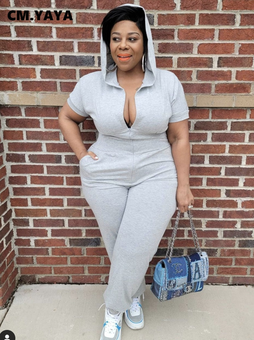 CM.YAYA Women Plus Size Jumpsuit Solid Hooded Zipper Strechy Jumpsuits with Pockets Casual One Piece Overall Summer Outfit