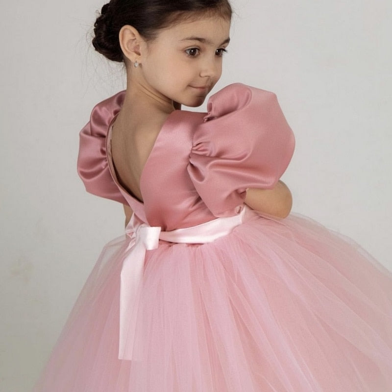 Girls Wedding Puff Sleeve Princess Costume 2023 Fashion Pink Elegant Ball Gown Dresses 3-8 Yrs Kids Vestido For Birthday Party