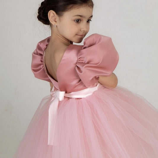 Girls Wedding Puff Sleeve Princess Costume 2023 Fashion Pink Elegant Ball Gown Dresses 3-8 Yrs Kids Vestido For Birthday Party