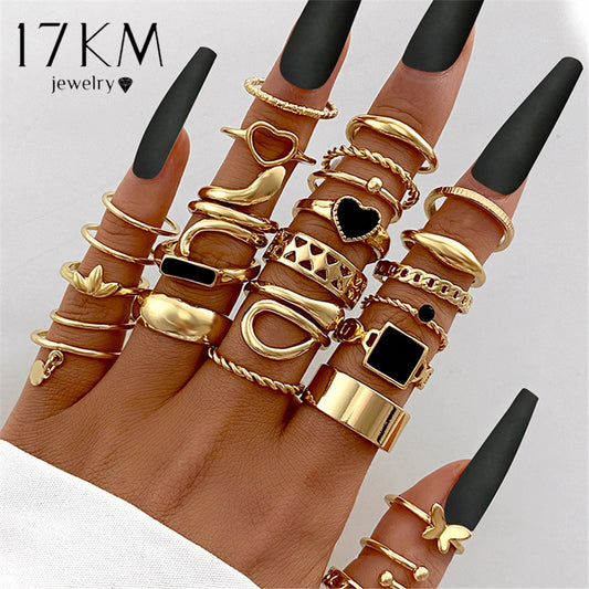 27PCS/set Gold Color Snake Ring For Women 2023 New Vintage Black Punk Black Heart Butterfly Rings Set Female Fashion Jewelry
