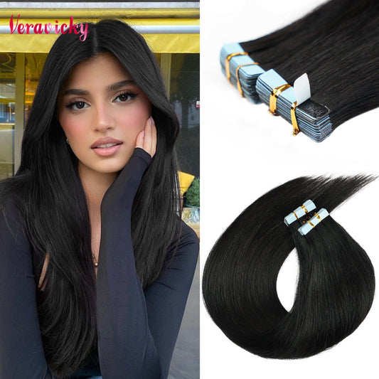 Veravicky Hair Tape In Hair Extensions Natural Human Hair Tiny Interface 4x0.8cm Skin Weft Remy 10pcs 16-24 inch For Thin Hair