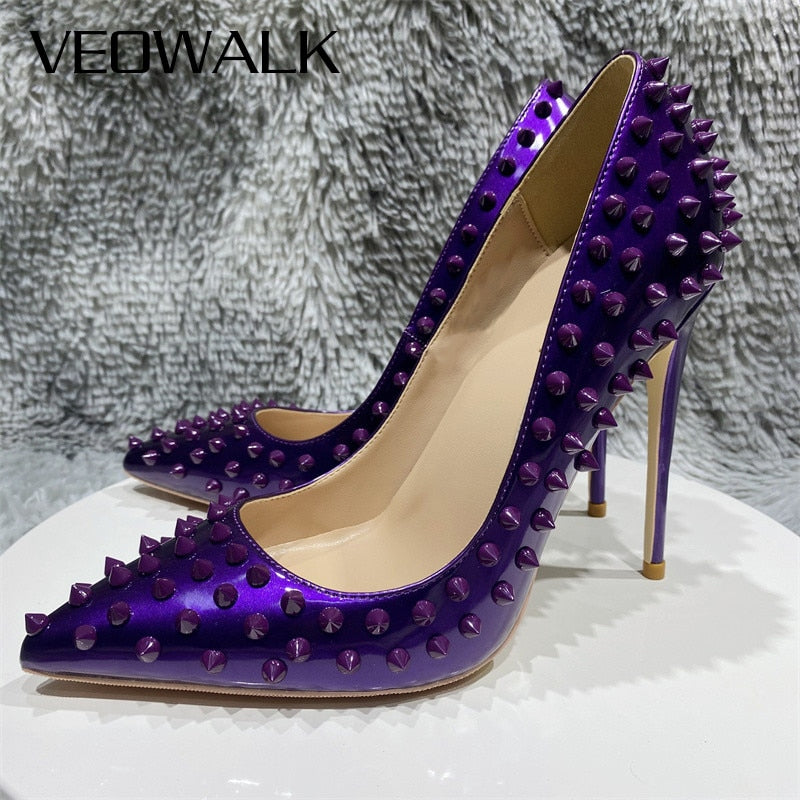 Veowalk Glossy Dark Purple Women Sexy Pointy Toe Stiletto Pumps with Spikes 8cm 10cm 12cm High Heel Party Dress Shoes Customize
