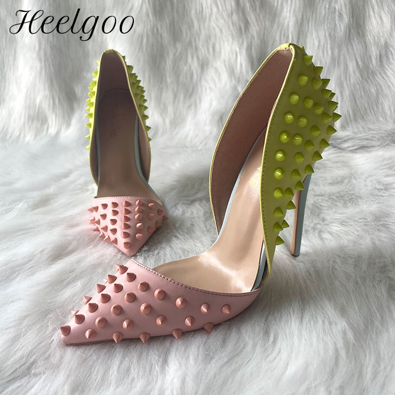 Heelgoo Green Pink Matte Patchwork Women Sexy Side Cut D'Orsay Pointy Toe High Heel Shoes with Spikes Sexy Studs Stiletto Pumps
