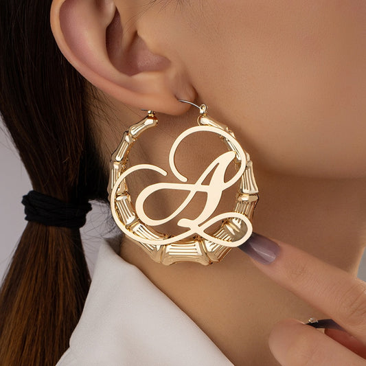 GSOLD Punk Rock A-Z Initial Bamboo Earrings For Women Party Hip-Hop Sexy Jewelry Letter Statement Large Circle Hoop Earring