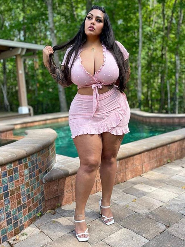 Plus Size 2 Piece Set Women Satin Skirt Set V Neck Crop Top Bodycon Sexy Summer Sweet Outfit Wholesale Bulk Dropshipping