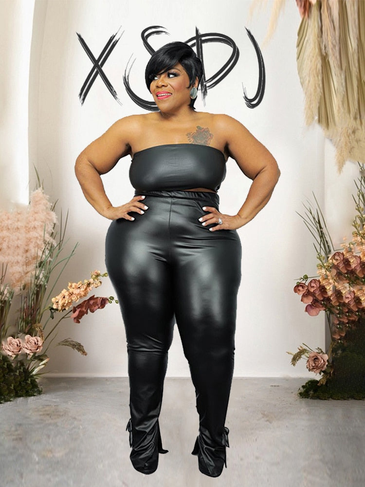 Plus Size Clothes Ladies Leather Pants and Strapless Top Summer Streetwear Sets Womens 2 Piece Fashion Suits PU Sexy Outfit
