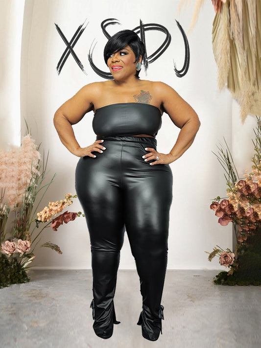 Plus Size Clothes Ladies Leather Pants and Strapless Top Summer Streetwear Sets Womens 2 Piece Fashion Suits PU Sexy Outfit