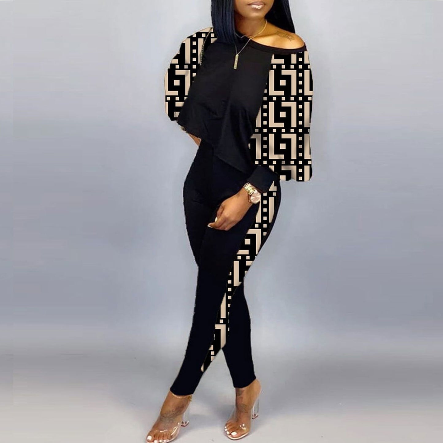 Spring Fashion Print Two Piece Set Women's Diagonal Neck Long Sleeve Casual T-shirt Tights Slim Two Piece Set Women