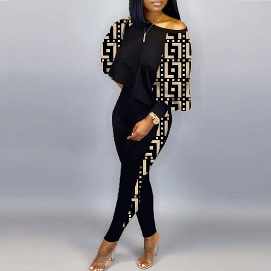 Spring Fashion Print Two Piece Set Women's Diagonal Neck Long Sleeve Casual T-shirt Tights Slim Two Piece Set Women
