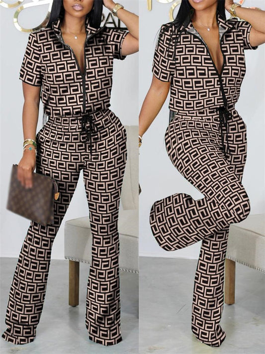 2023 Two Piece Sets Womens Geometric Print Zip Up Top &amp; Drawstring Pants Set Outifits Fashion Tracksuits Casual T Female Outfit