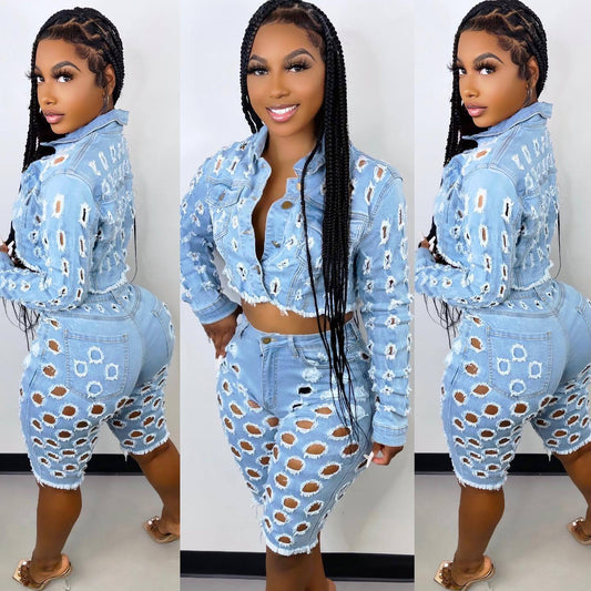 Women Denim Coats 2 Two Piece Set Casual Tracksuit Joggers Crop Jogging Suits Jackets Cargo Biker Short Pant Streetwear Outfits